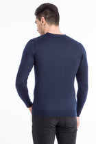 Lacivert V Yaka Slim Fit Dar Kesim Yünlü Triko Kazak