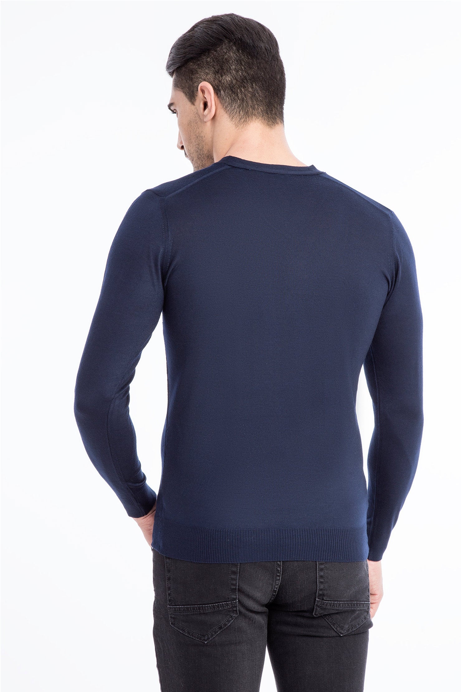 Lacivert V Yaka Slim Fit Dar Kesim Yünlü Triko Kazak