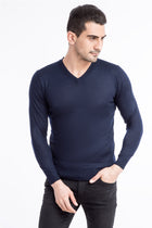 Lacivert V Yaka Slim Fit Dar Kesim Yünlü Triko Kazak