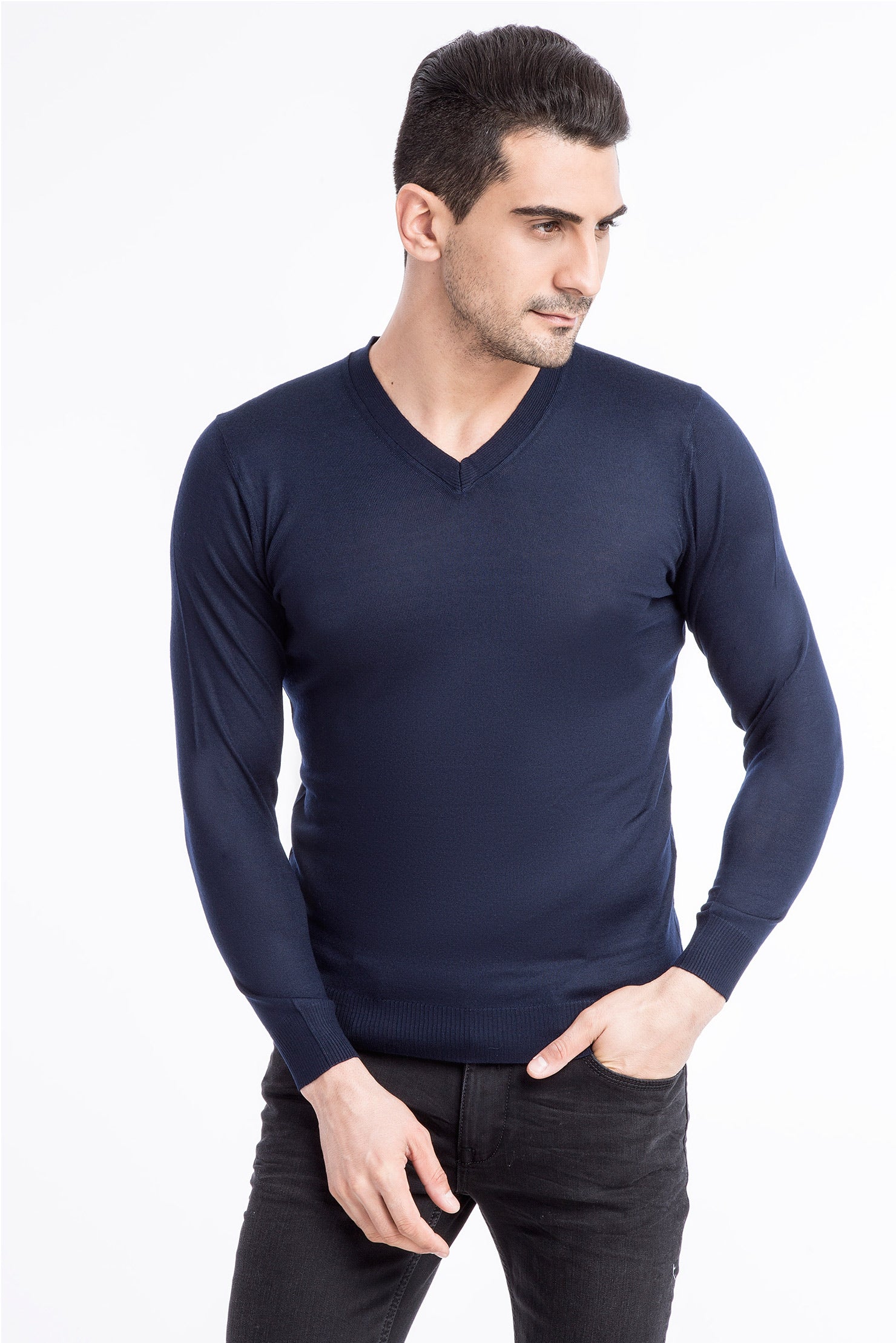 Lacivert V Yaka Slim Fit Dar Kesim Yünlü Triko Kazak