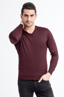 Bordo V Yaka Slim Fit Dar Kesim Yünlü Triko Kazak