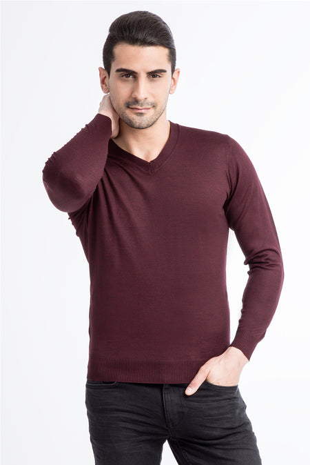 Bordo V Yaka Slim Fit Dar Kesim Yünlü Triko Kazak-Abdullah Ki??l?