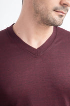 Bordo V Yaka Slim Fit Dar Kesim Yünlü Triko Kazak