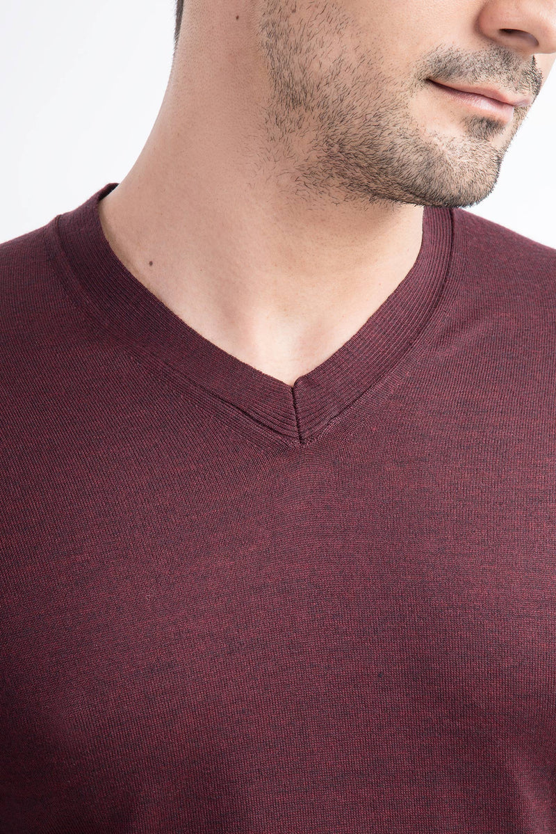 Bordo V Yaka Slim Fit Dar Kesim Yünlü Triko Kazak