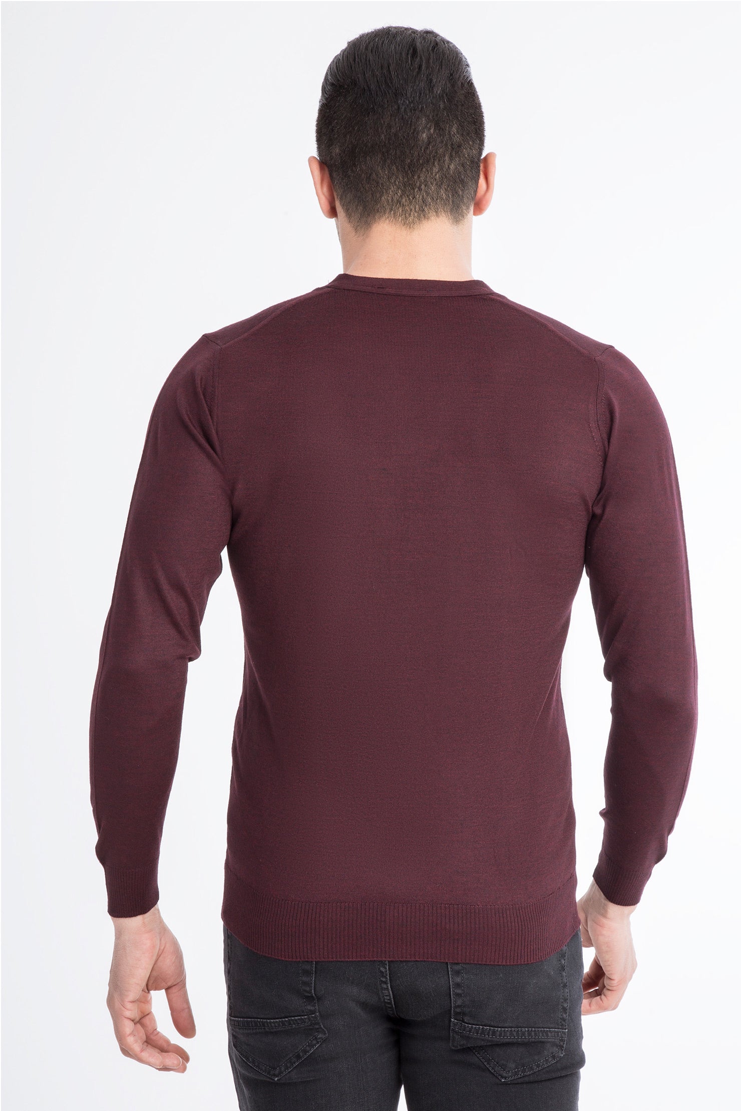 Bordo V Yaka Slim Fit Dar Kesim Yünlü Triko Kazak