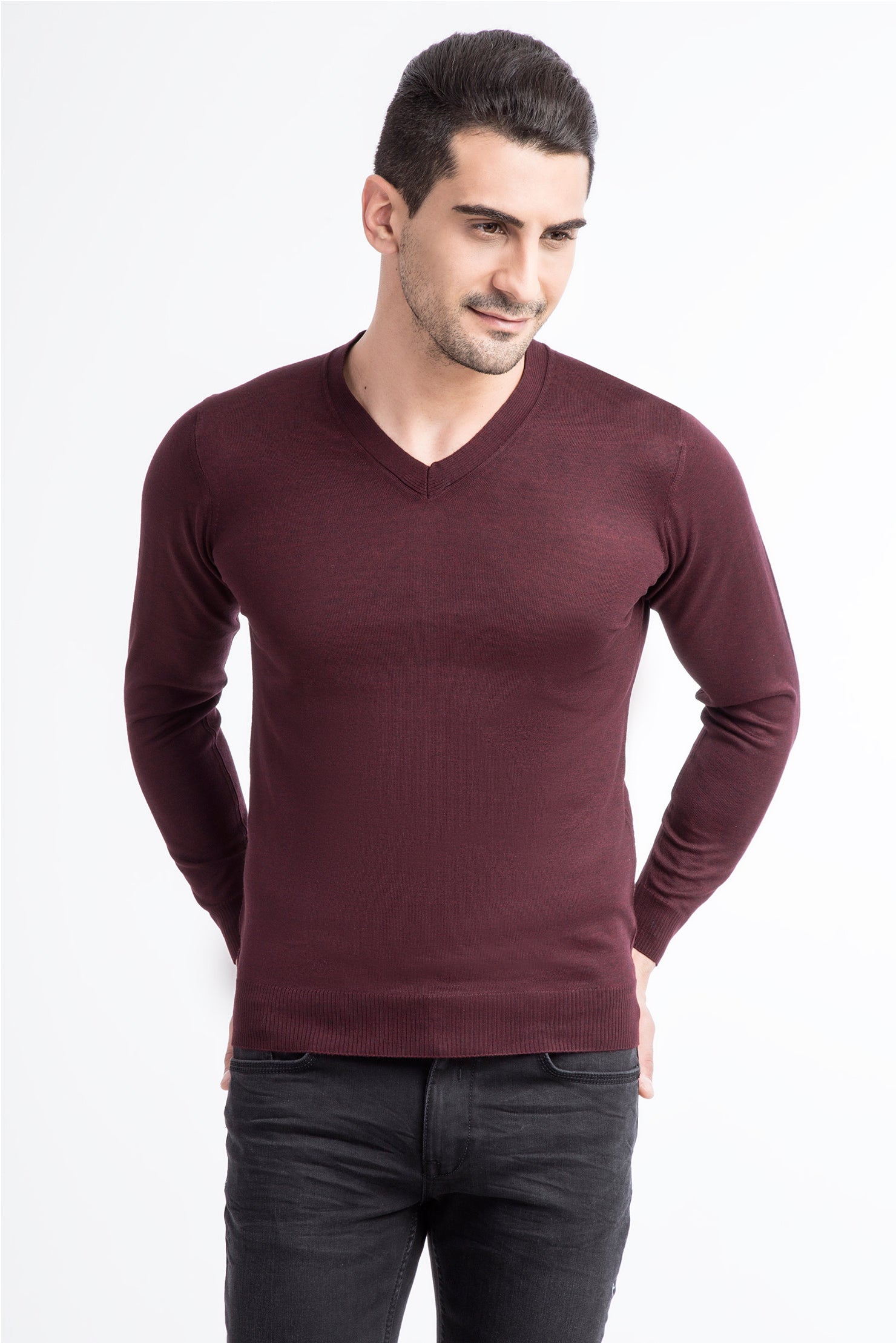 Bordo V Yaka Slim Fit Dar Kesim Yünlü Triko Kazak