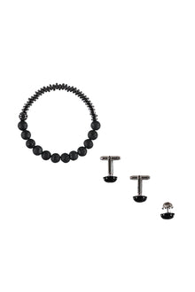 Siyah 3'lü Bileklik & Kol Düğmesi & Yaka İğnesi Seti