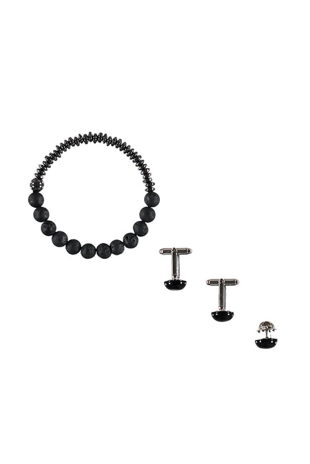 Siyah 3'lü Bileklik & Kol Düğmesi & Yaka İğnesi Seti