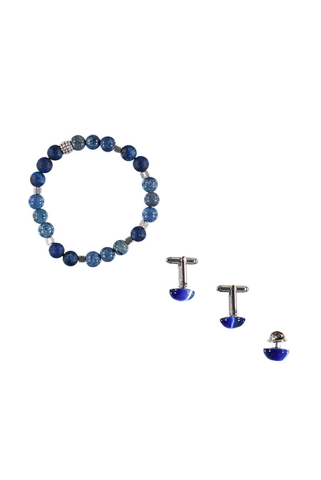 Lacivert 3'lü Bileklik & Kol Düğmesi & Yaka İğnesi Seti