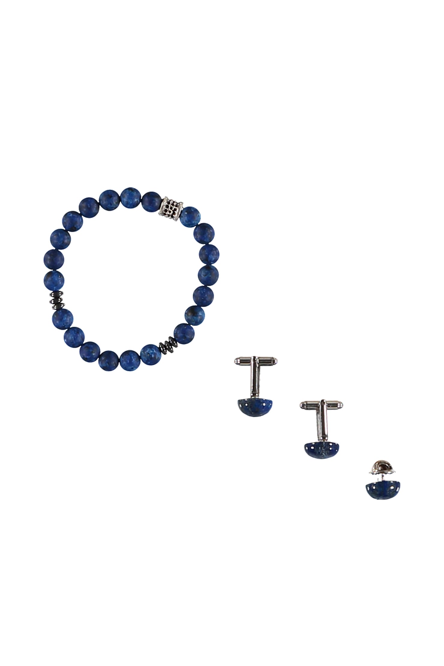 Mavi 3'lü Bileklik & Kol Düğmesi & Yaka İğnesi Seti