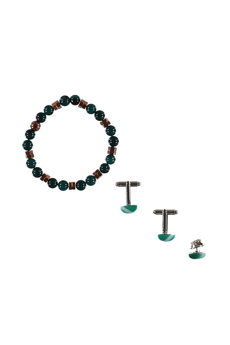 Koyu Yesil 3'lü Bileklik & Kol Düğmesi & Yaka İğnesi Seti