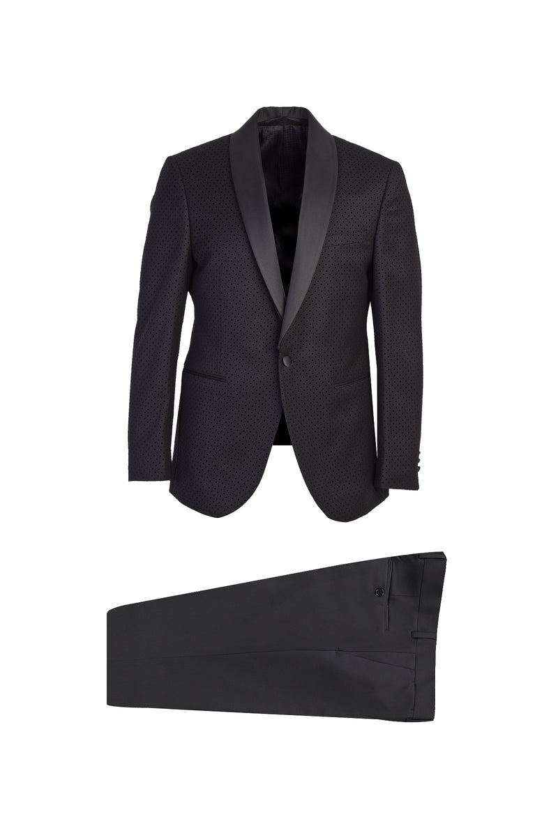 Siyah Slim Fit Dar Kesim Yünlü Desenli Smokin & Damatlık