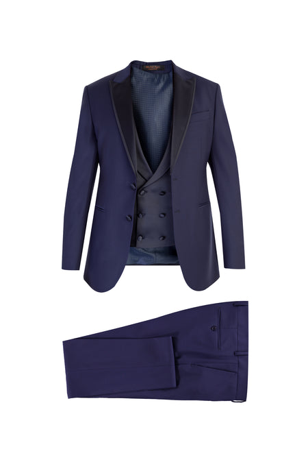 Lacivert Slim Fit Dar Kesim Sivri Yaka Yünlü Smokin & Damatlık