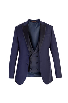 Lacivert Slim Fit Dar Kesim Sivri Yaka Yünlü Smokin & Damatlık