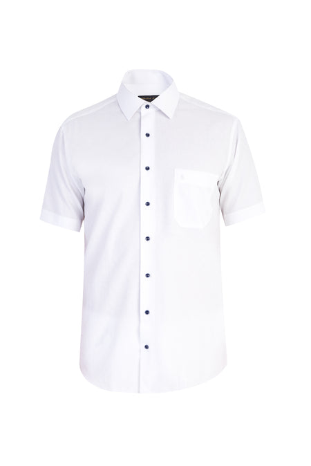 Beyaz Kısa Kol Desenli Klasik Pamuk Gömlek