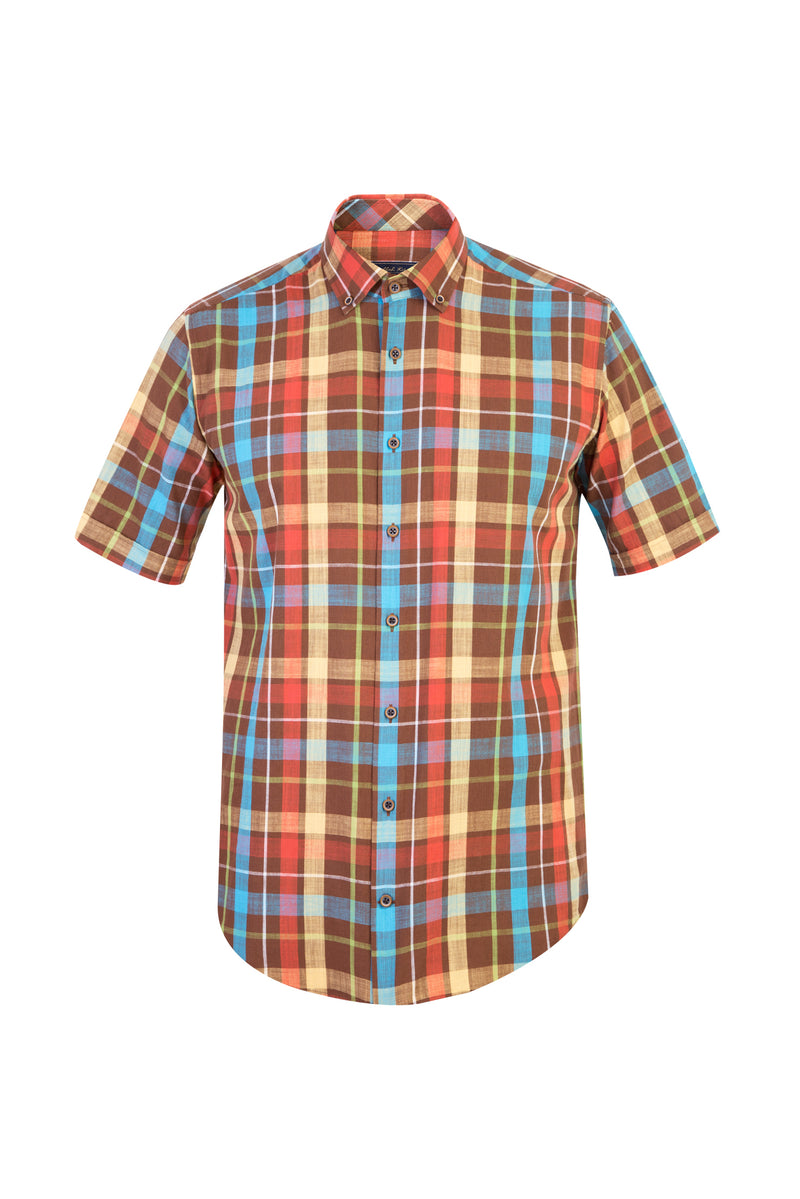 Kahve Kısa Kol Ekose Pamuk Gömlek