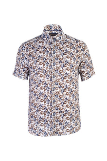 Kahve Kısa Kol Desenli Pamuk Gömlek