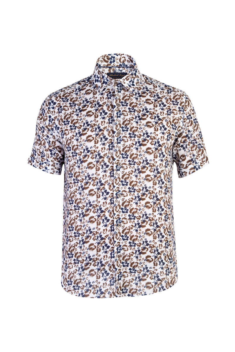 Kahve Kısa Kol Desenli Pamuk Gömlek