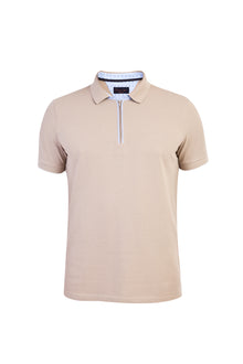 Bej Polo Yaka Regular Fit Fermuarlı Pamuk T-shirt