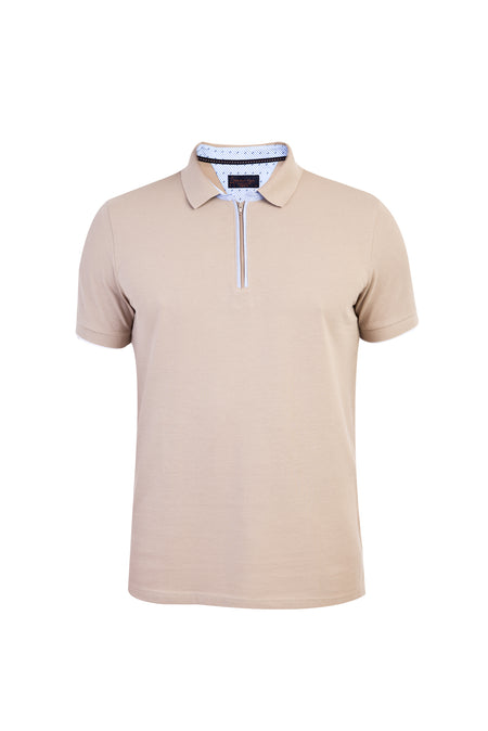 Bej Polo Yaka Regular Fit Fermuarlı Pamuk T-shirt