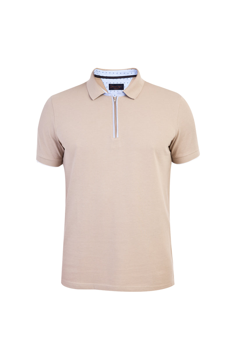 Bej Polo Yaka Regular Fit Fermuarlı Pamuk T-shirt