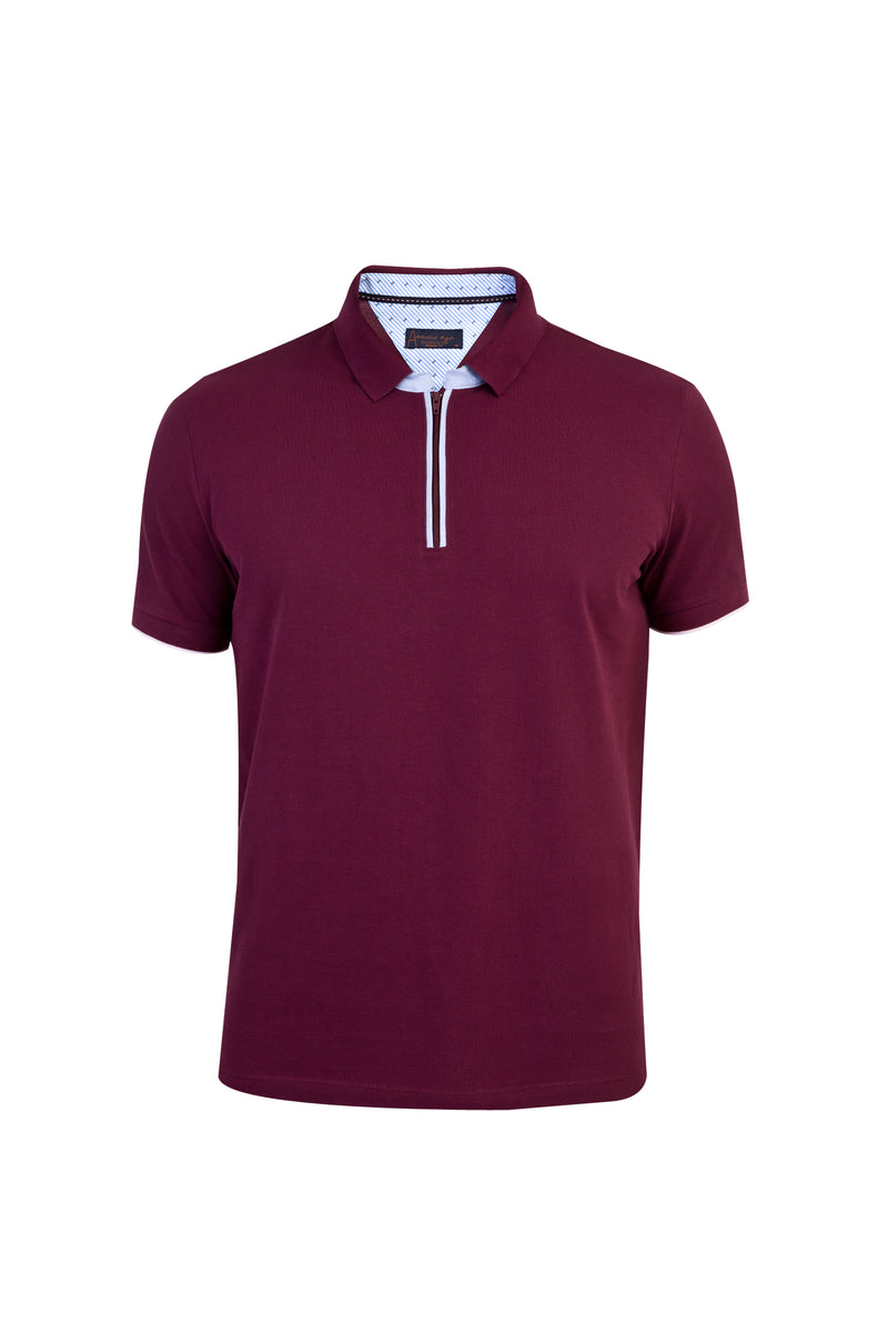 Bordo Polo Yaka Regular Fit Fermuarlı Pamuk T-shirt