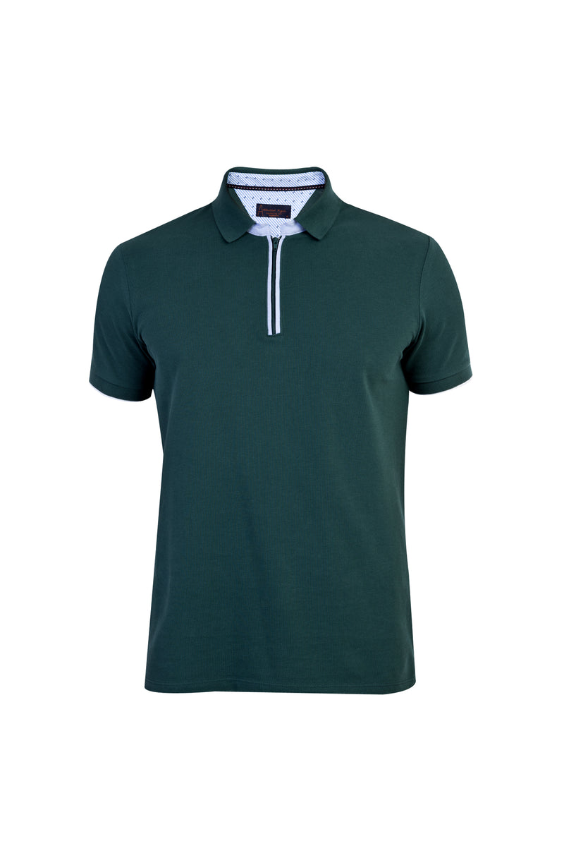 Koyu Yesil Polo Yaka Regular Fit Fermuarlı Pamuk T-shirt