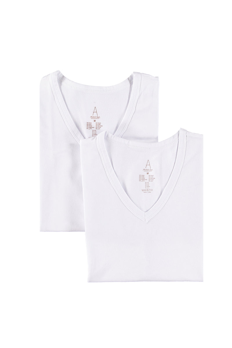 Beyaz 2'li V Yaka Pamuklu Atlet Seti