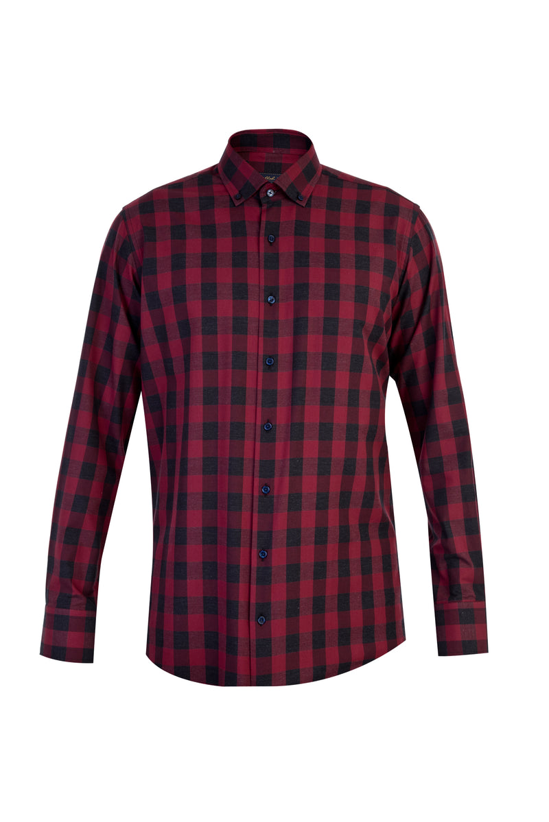 Bordo Uzun Kol Ekose Spor Pamuk Gömlek