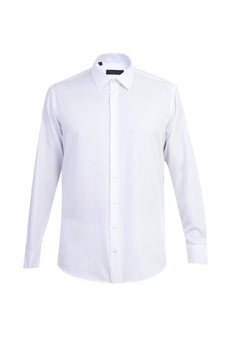 Beyaz Uzun Kol Desenli Klasik Pamuk Gömlek