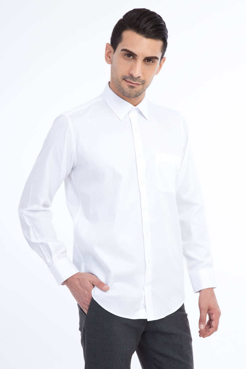 Beyaz Uzun Kol Desenli Klasik Pamuk Gömlek