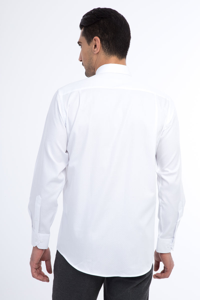 Beyaz Uzun Kol Desenli Klasik Pamuk Gömlek