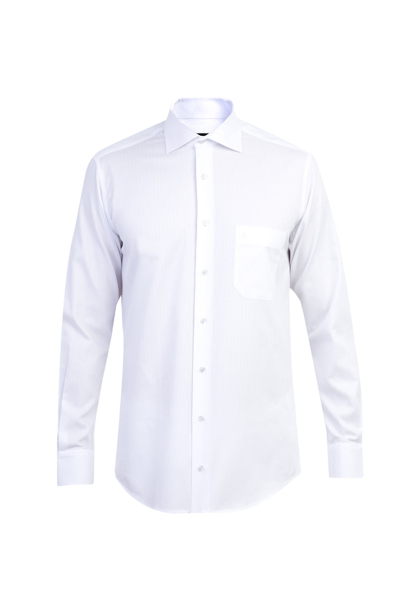 Beyaz Uzun Kol Desenli Klasik Pamuk Gömlek