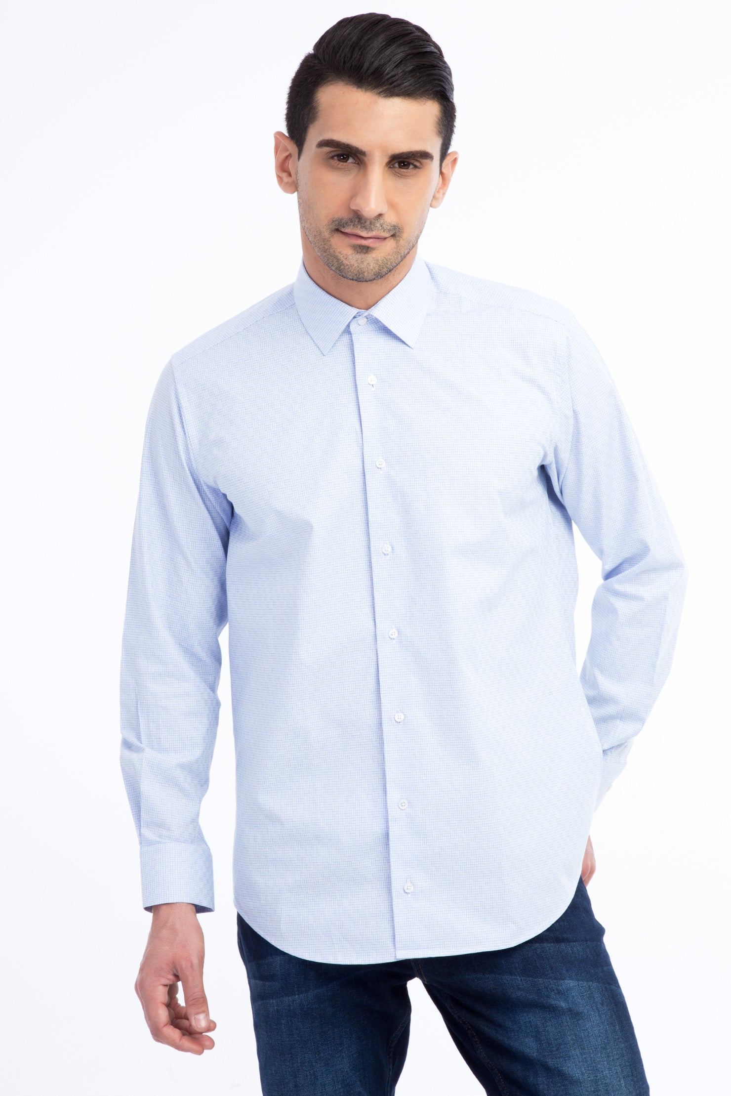 Açık Mavi Uzun Kol Regular Fit Desenli Pamuk Gömlek