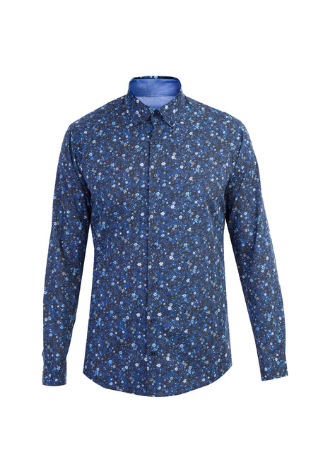 Lacivert Uzun Kol Desenli Slim Fit Dar Kesim Pamuk Gömlek-Abdullah Ki??l?