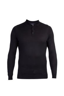 Siyah Polo Yaka Regular Fit Yünlü Triko Kazak