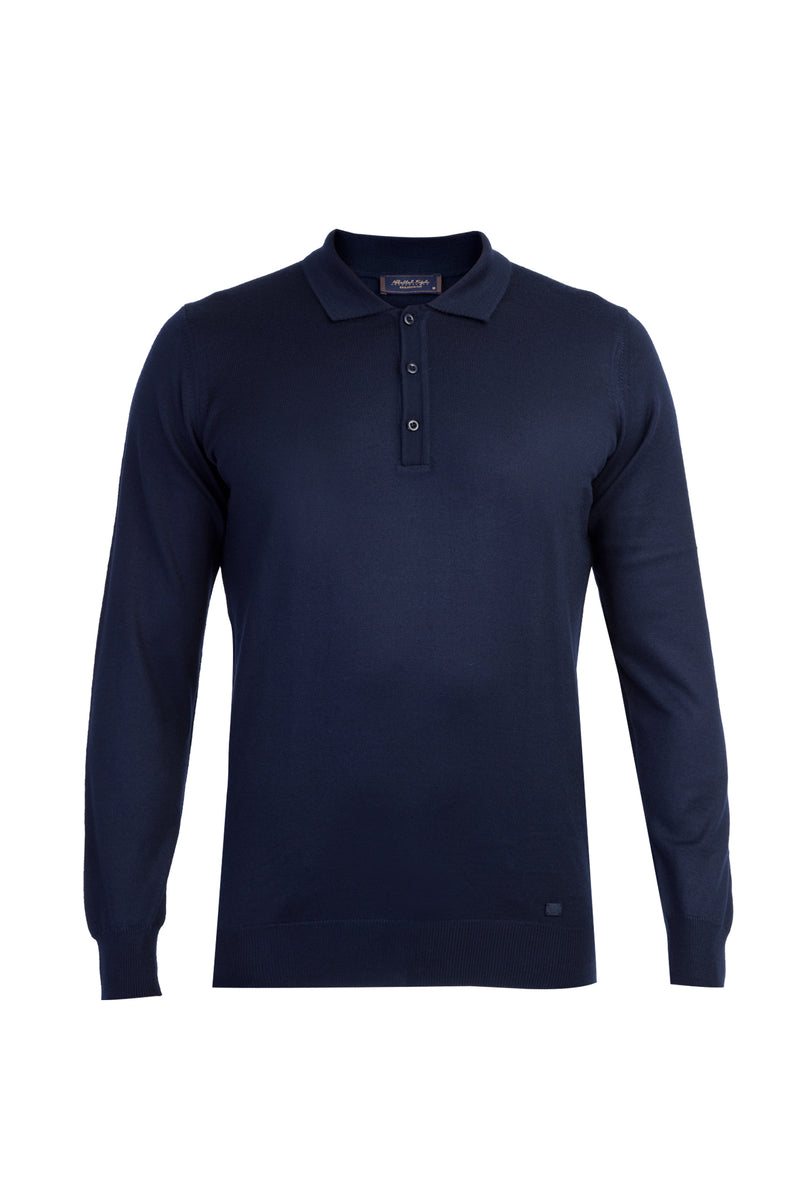 Lacivert Polo Yaka Regular Fit Yünlü Triko Kazak