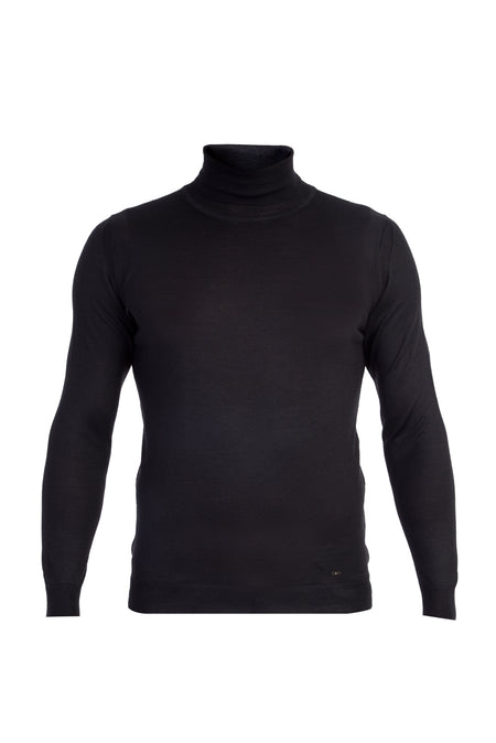 Siyah Balıkçı Yaka Regular Fit Yünlü Triko Kazak