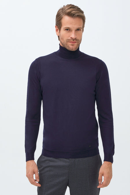 Lacivert Balıkçı Yaka Regular Fit Yünlü Triko Kazak