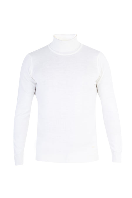 Beyaz Balıkçı Yaka Slim Fit Dar Kesim Yünlü Triko Kazak