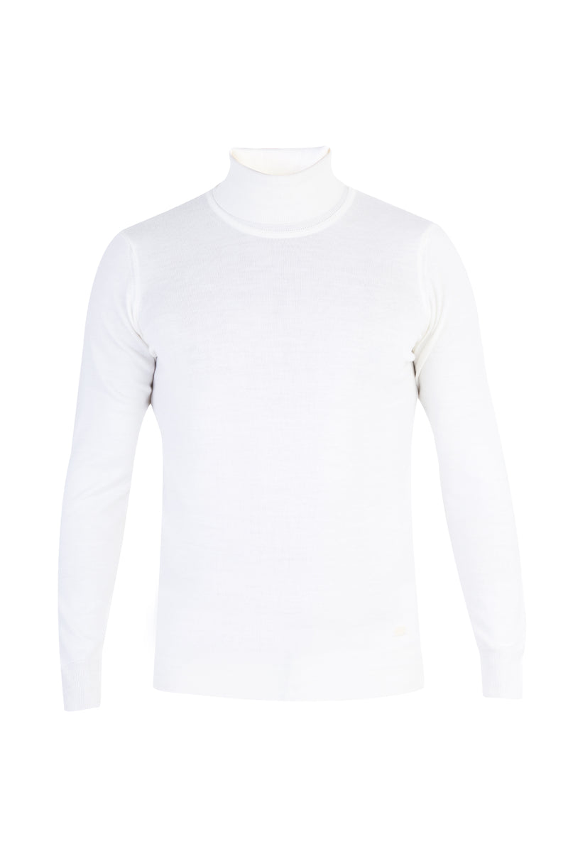 Beyaz Balıkçı Yaka Slim Fit Dar Kesim Yünlü Triko Kazak