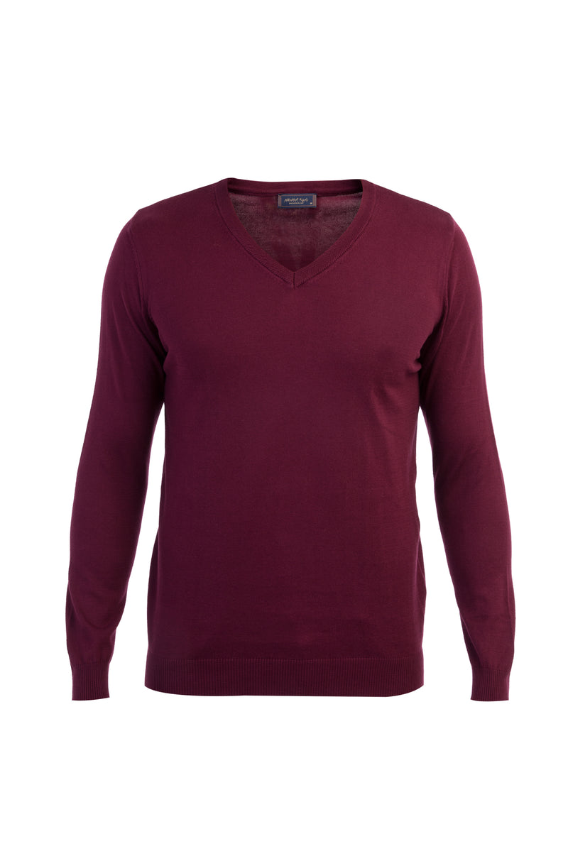 Bordo V Yaka Regular Fit Pamuk Triko Kazak