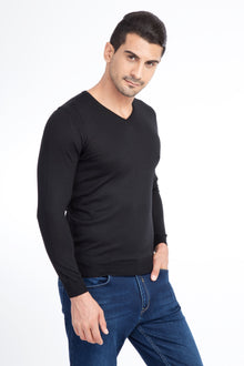 Siyah V Yaka Regular Fit Yünlü Triko Kazak