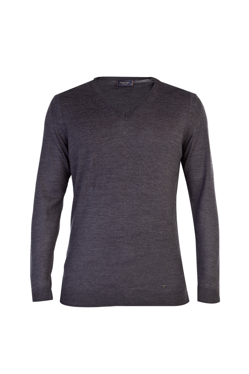 Antrasit V Yaka Regular Fit Yünlü Triko Kazak