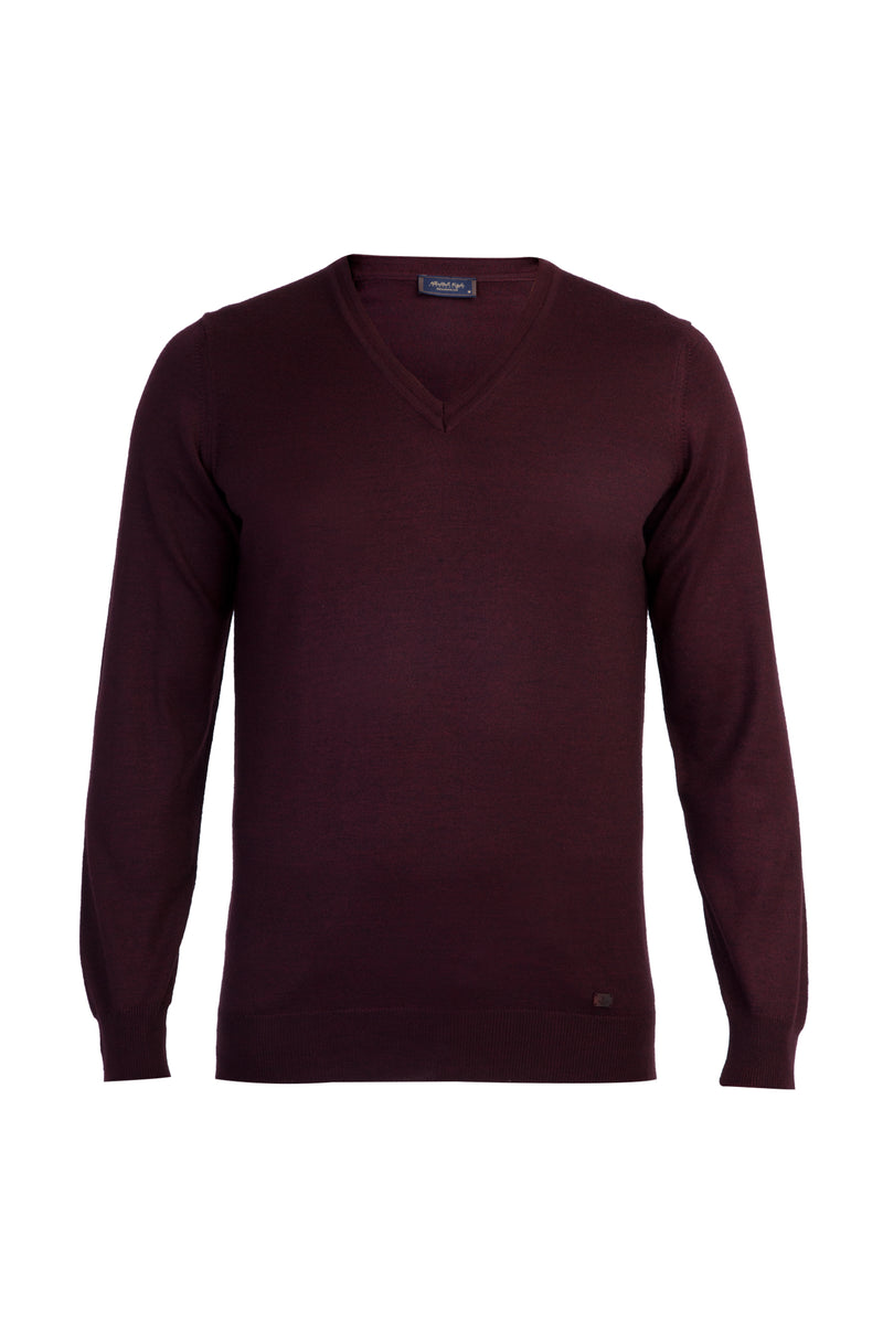 Bordo V Yaka Regular Fit Yünlü Triko Kazak