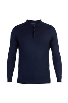 Lacivert Polo Yaka Slim Fit Dar Kesim Yünlü Desenli Triko Kazak