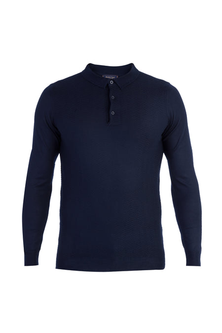 Lacivert Polo Yaka Slim Fit Dar Kesim Yünlü Desenli Triko Kazak