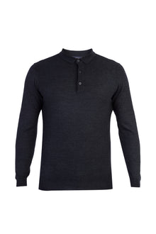 Antrasit Polo Yaka Slim Fit Dar Kesim Yünlü Desenli Triko Kazak