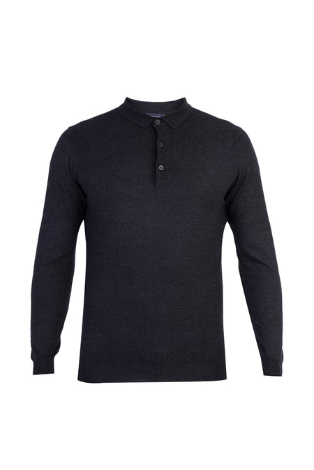 Antrasit Polo Yaka Slim Fit Dar Kesim Yünlü Desenli Triko Kazak