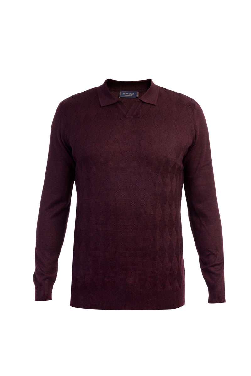 Bordo Polo Yaka Slim Fit Dar Kesim Yünlü Desenli Triko Kazak